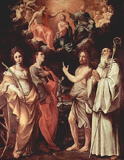 Guido Reni Marienkronung mit Hl. Katharina von Alexandrien, Hl. Johannes Evangelist, Hl. Johannes der Taufer, Hl. Romuald von Camaldoli France oil painting art